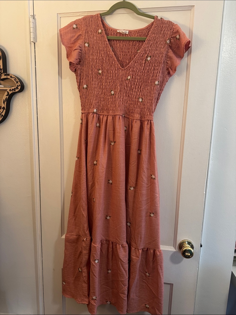 Casual Smocked Maxi Dress in Dusty Rose with Floral Accents